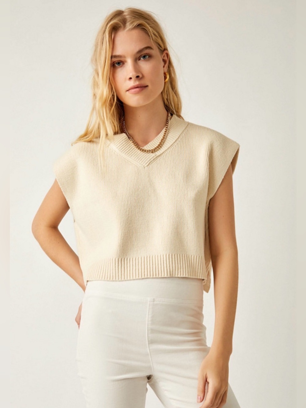 Free People Cream V-Neck “Easy Street” Knit Sweater Vest S